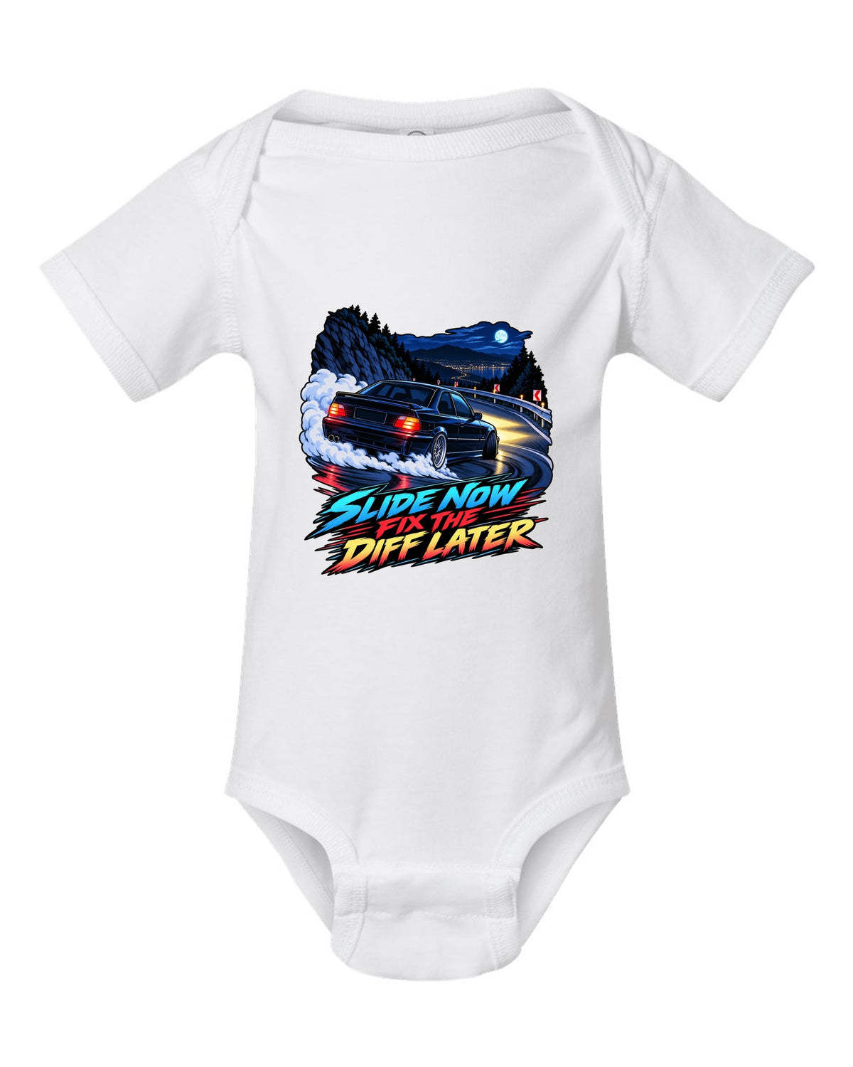 Spec sheet print of a BMW E36 M3 coupe with S50B32 3,201 cc 321 HP text white baby onesie front view with the design