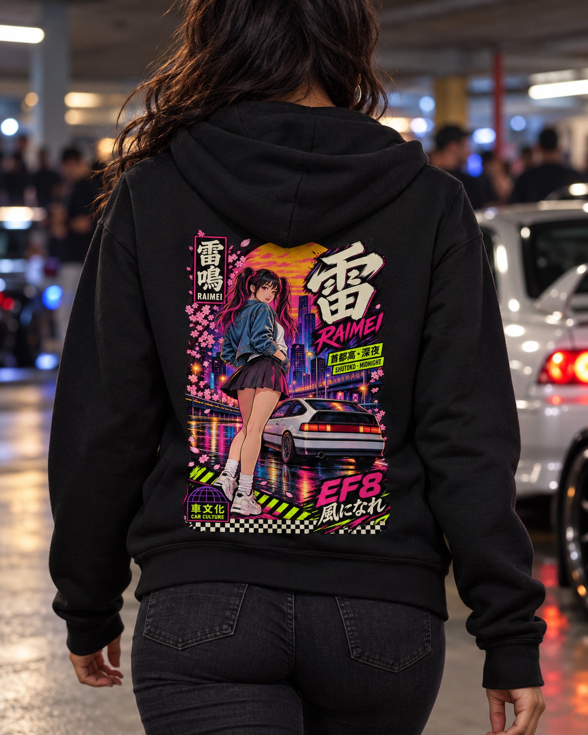RAIMEI EF8 Anime Girl Full-Back Graphic Tee Zip Hoodie Black worn hero