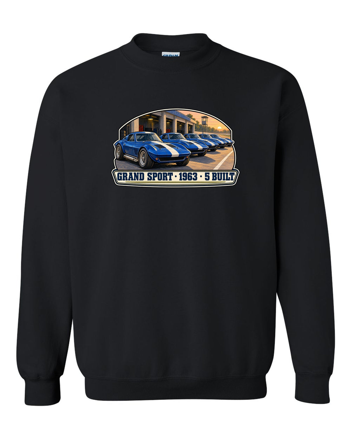 Isometric vector print of a 2014 Chevrolet Corvette C7 Stingray highlighting the fender gill vent black crewneck front view with the design
