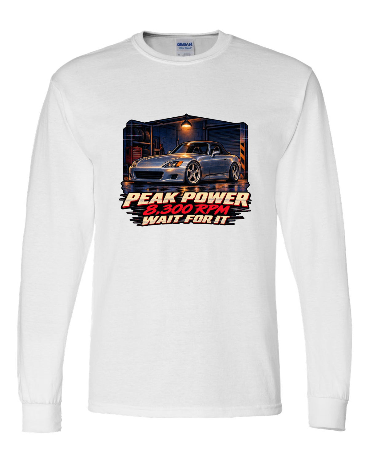 Lo-fi VHS cover style print of a Honda S2000 AP1 with 8,300 RPM wait for it text white long sleeve front view with the design