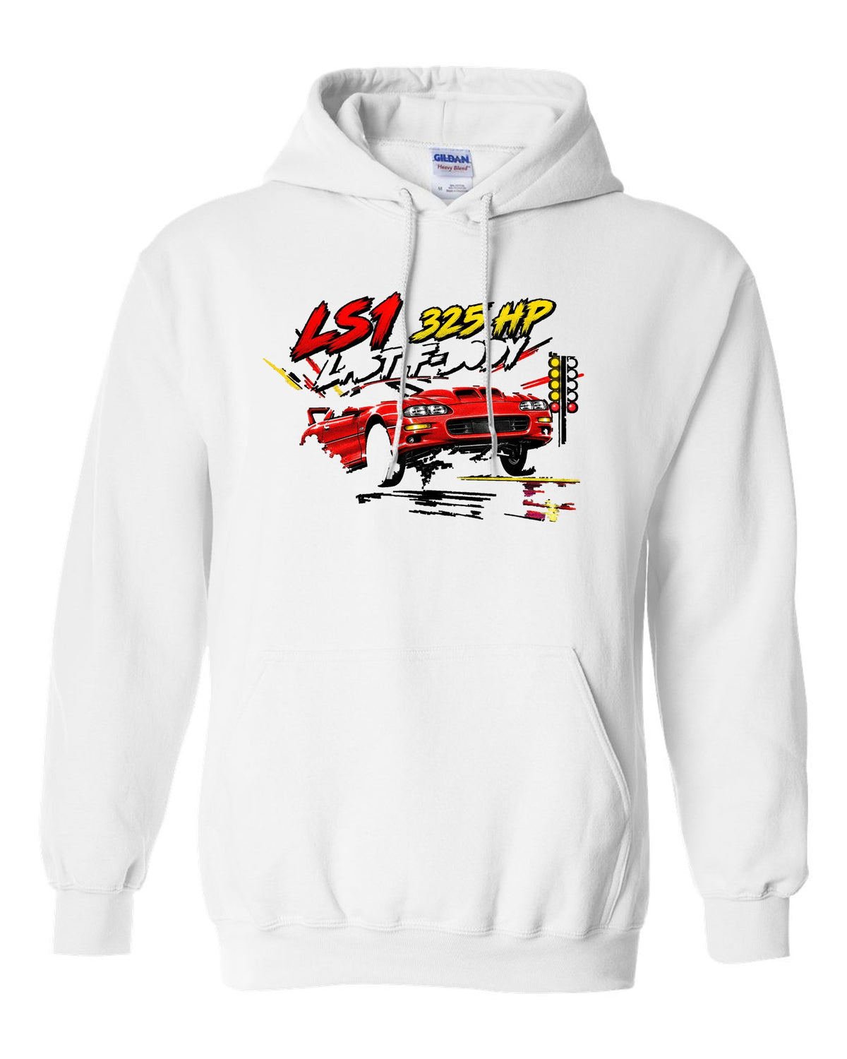 2002 Chevrolet Camaro SS LS1 retro manga halftone panel print white pull over hoodie front view with the design