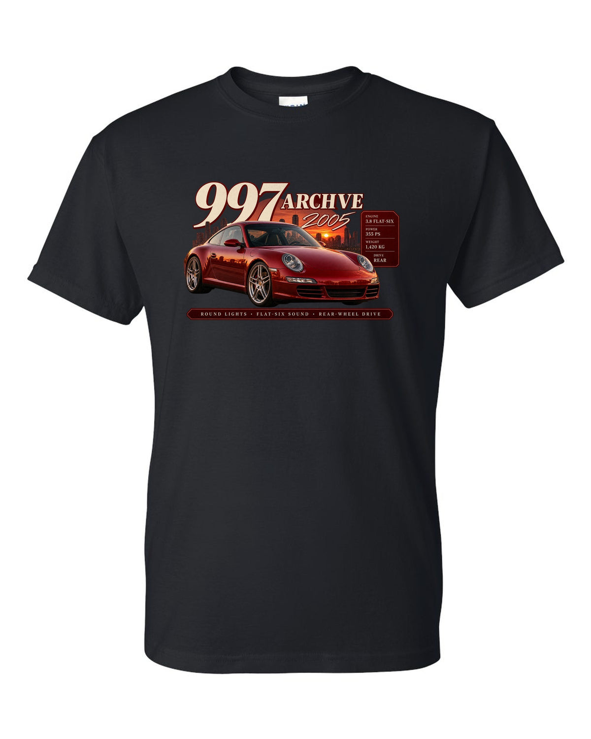 Archive panel print of a deep red Porsche 911 Carrera S 997.1 with 3.8 flat-six spec lines black t-shirt front view with the design