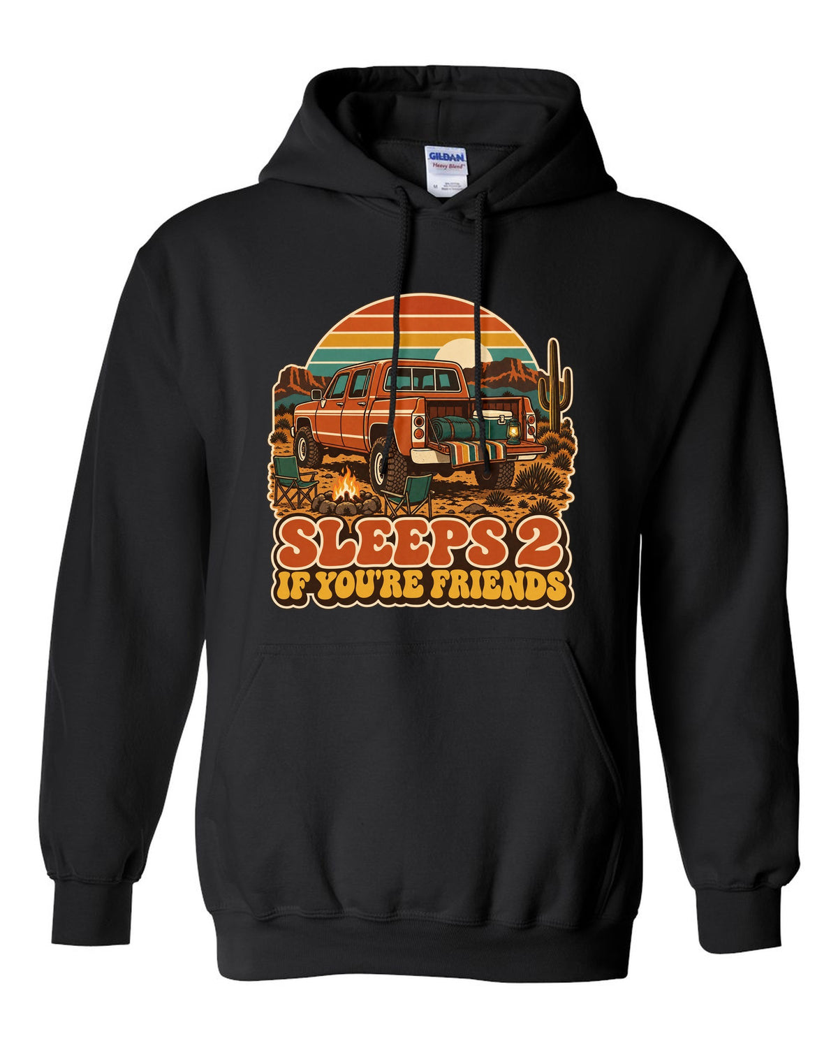 Jeep Gladiator JT retro 70s outdoors poster with sunset stripes and sleeps 2 text black pull over hoodie front view with the design