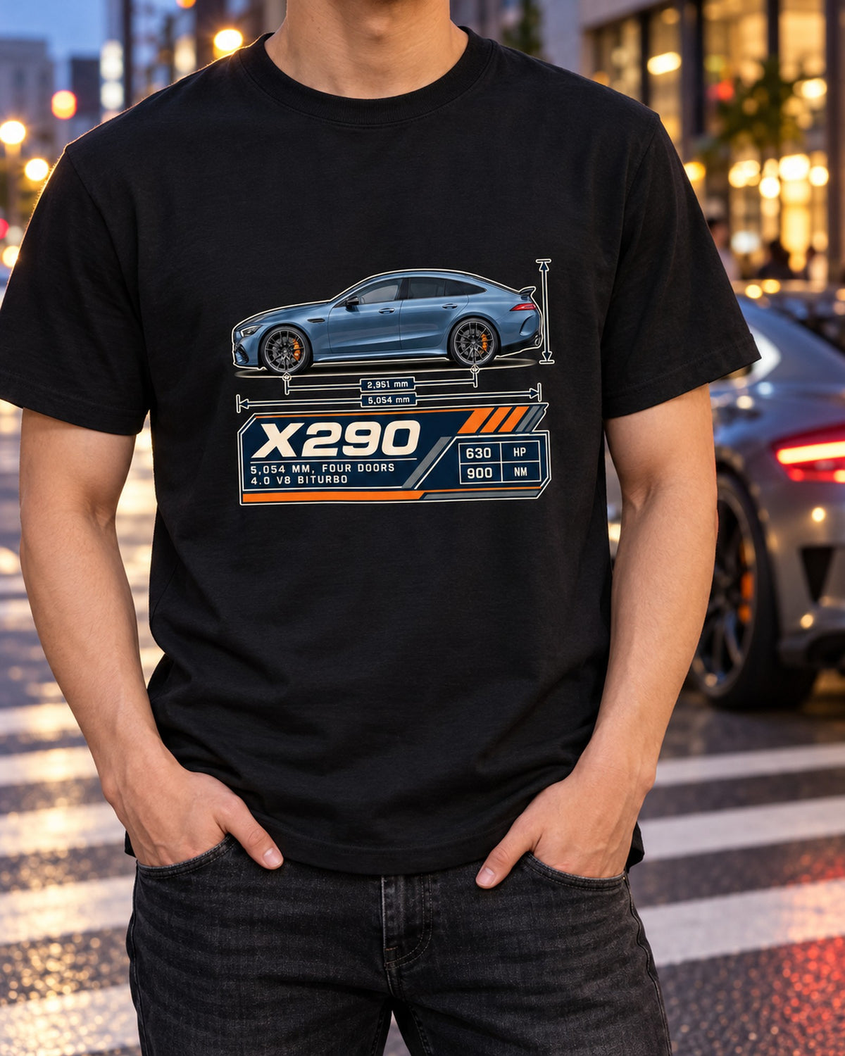 AMG GT 63 S 4-Door X290 Dimension Blueprint Tee, Steel Blue T-Shirt Black worn hero