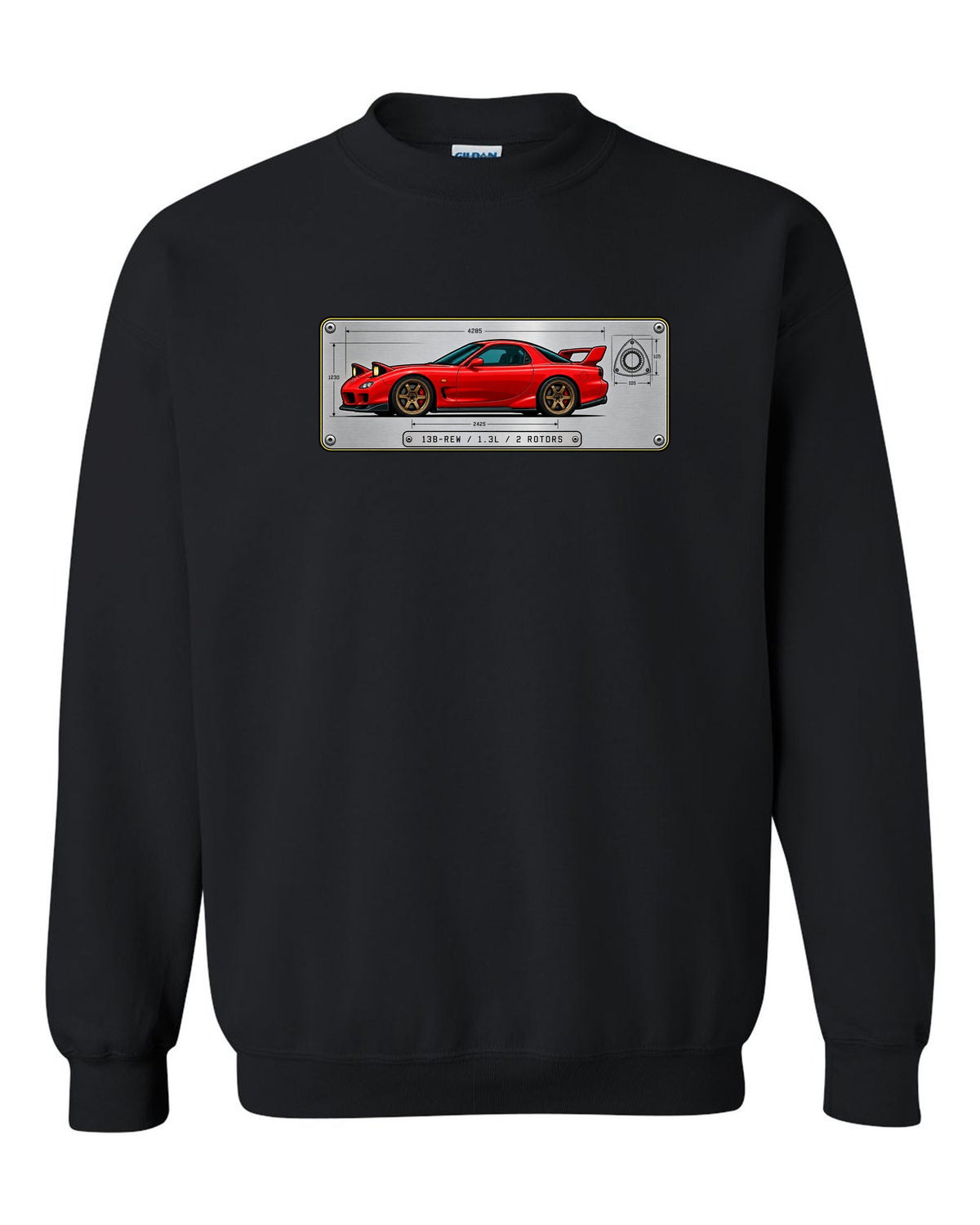 Spec plate print for a Mazda RX-7 FD3S listing 13B-REW, 1.3L and 2 rotors black crewneck front view with the design