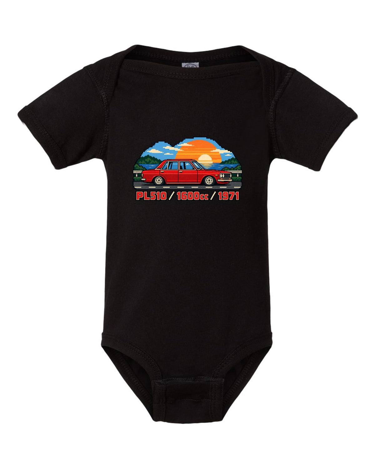 16-bit pixel art of a 1971 Datsun 510 PL510 sedan with 1600cc lettering black baby onesie front view with the design