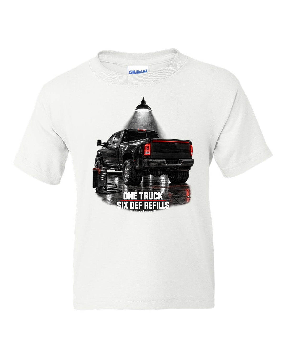 Ram 3500 4th gen dually 6.7 in a night garage with the text One truck, six DEF refills white kids tee front view with the design