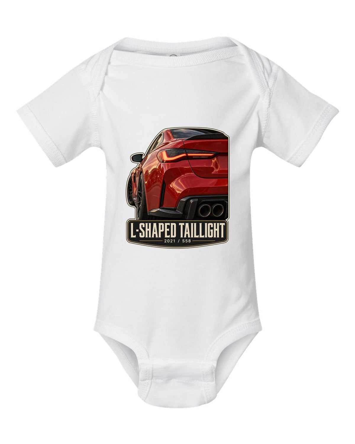 BMW M4 Competition G82 L-shaped taillight macro print with 2021 and S58 text white baby onesie front view with the design