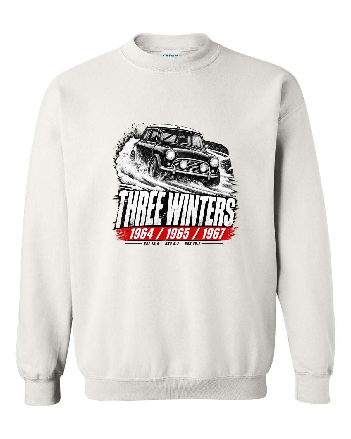 Race poster print of a 1964 Classic Mini Cooper S Mk I rally car with three winters text white crewneck front view with the design