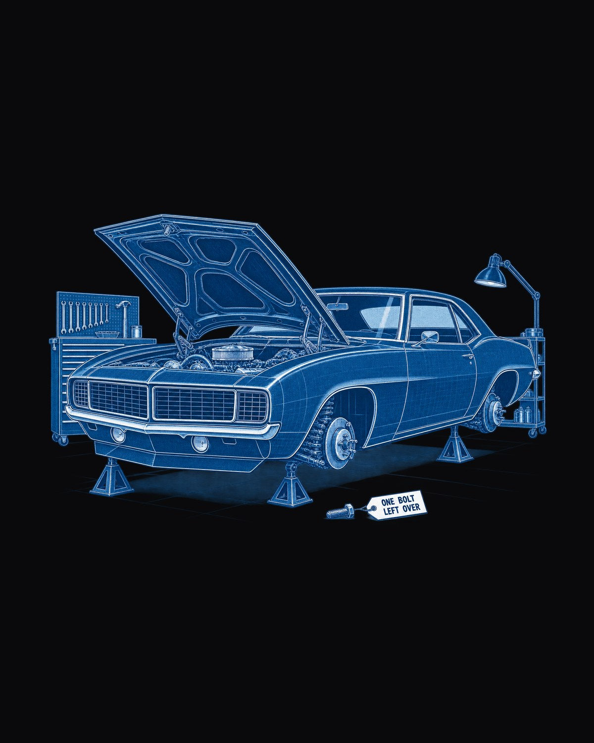 1969 Camaro Cyanotype Shirt, One Bolt Left Over Garage Tee design only