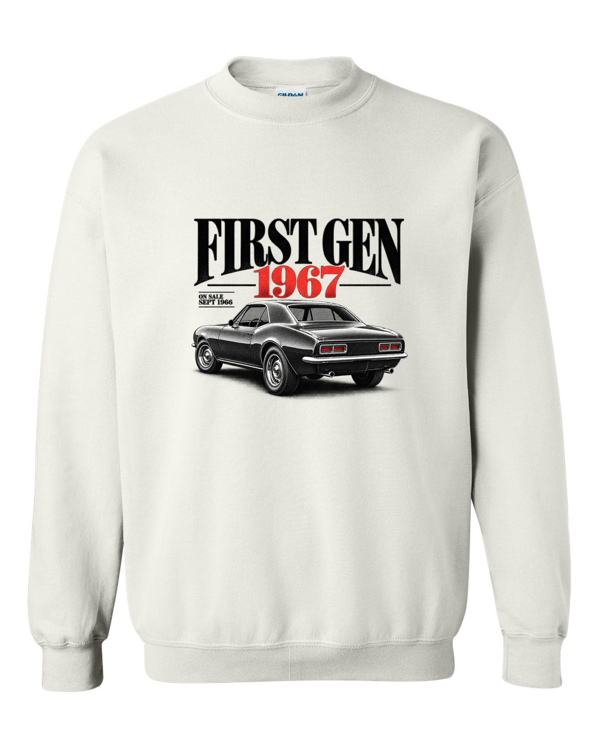 Editorial headline print of a 1967 first-gen Chevrolet Camaro with September 1966 on-sale date white crewneck front view with the design