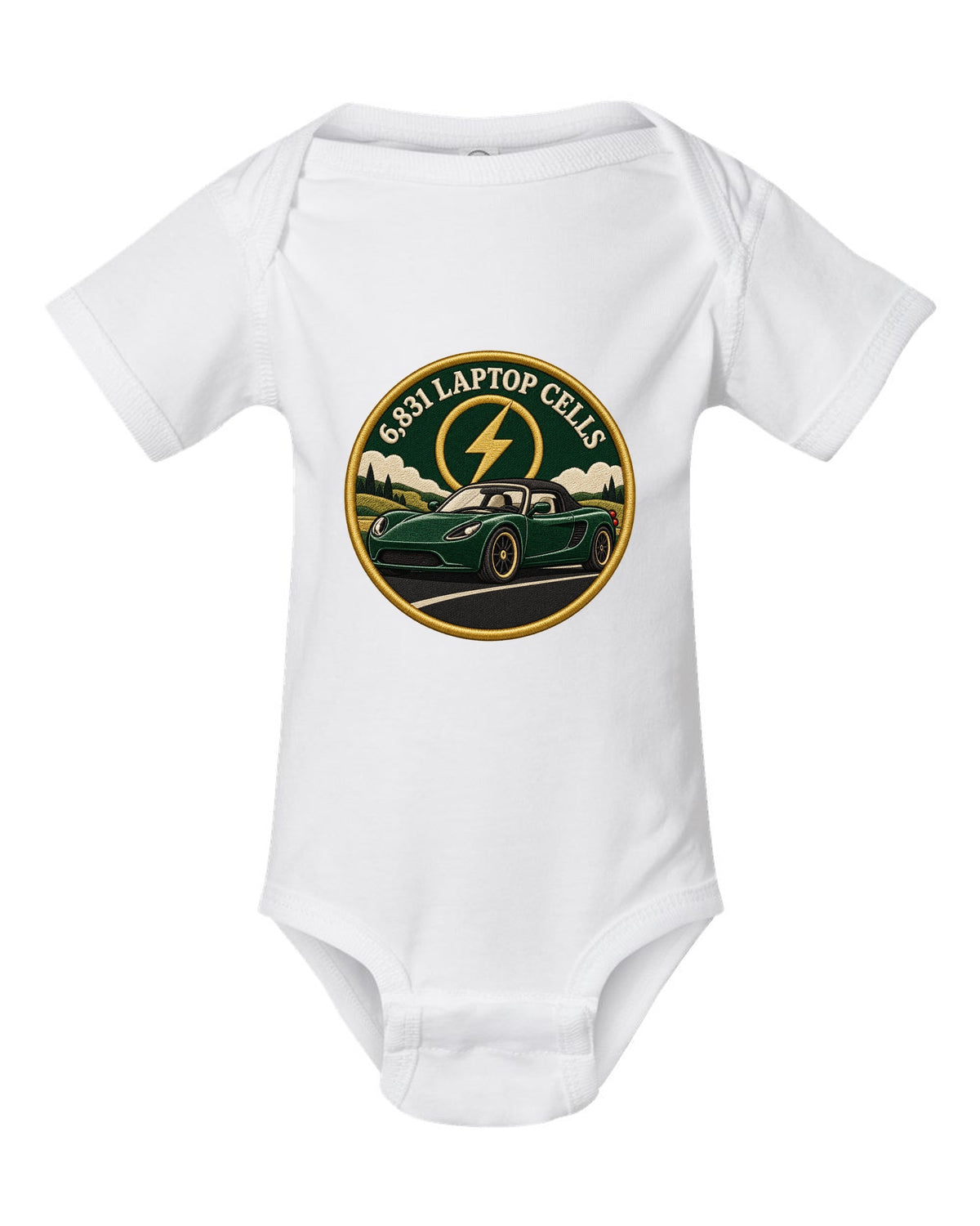 Round crest print of a Tesla Roadster Gen 1 reading 6,831 Laptop Cells white baby onesie front view with the design
