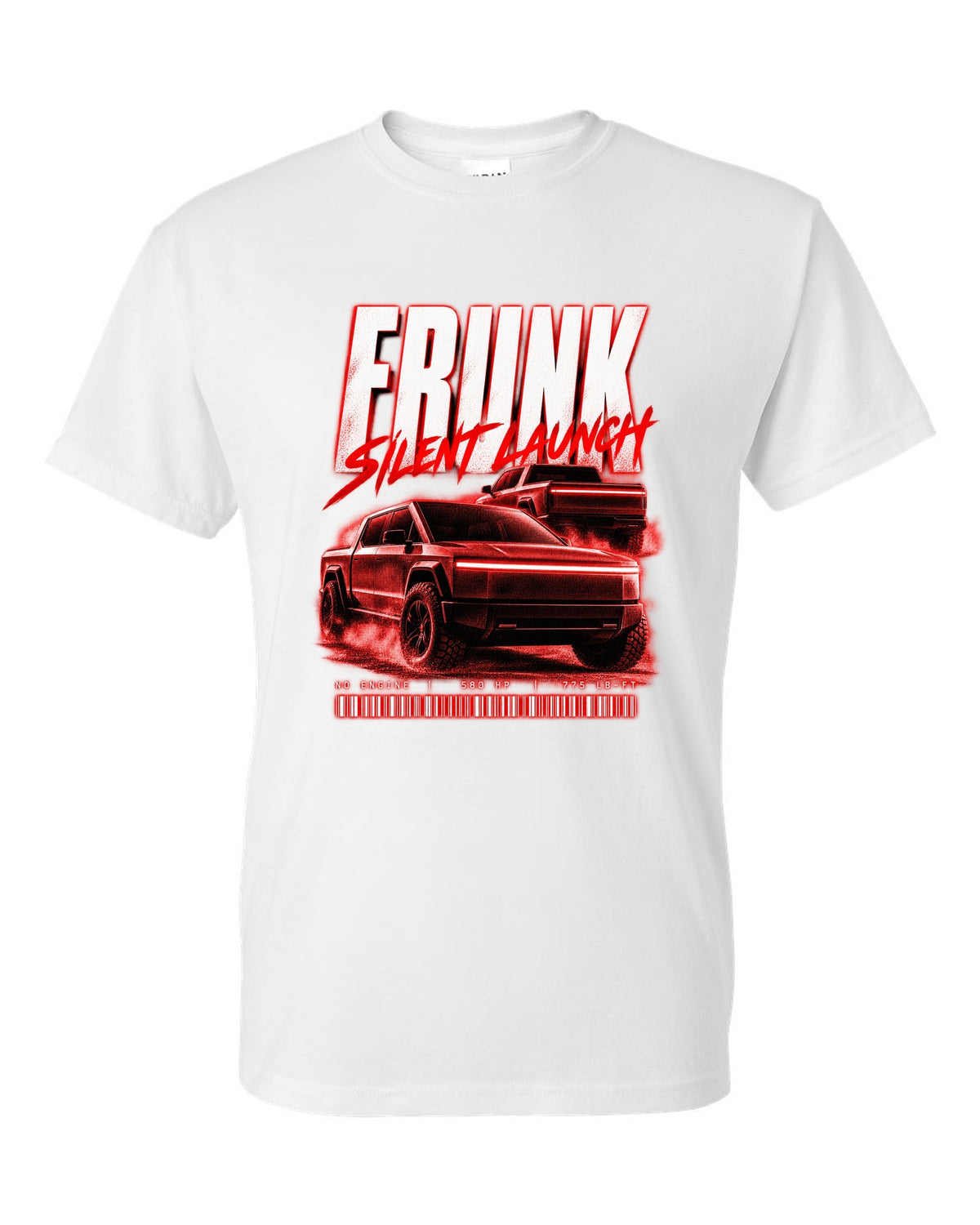 Ford F-150 Lightning EV street poster print with frunk, silent launch and 775 lb-ft white t-shirt front view with the design