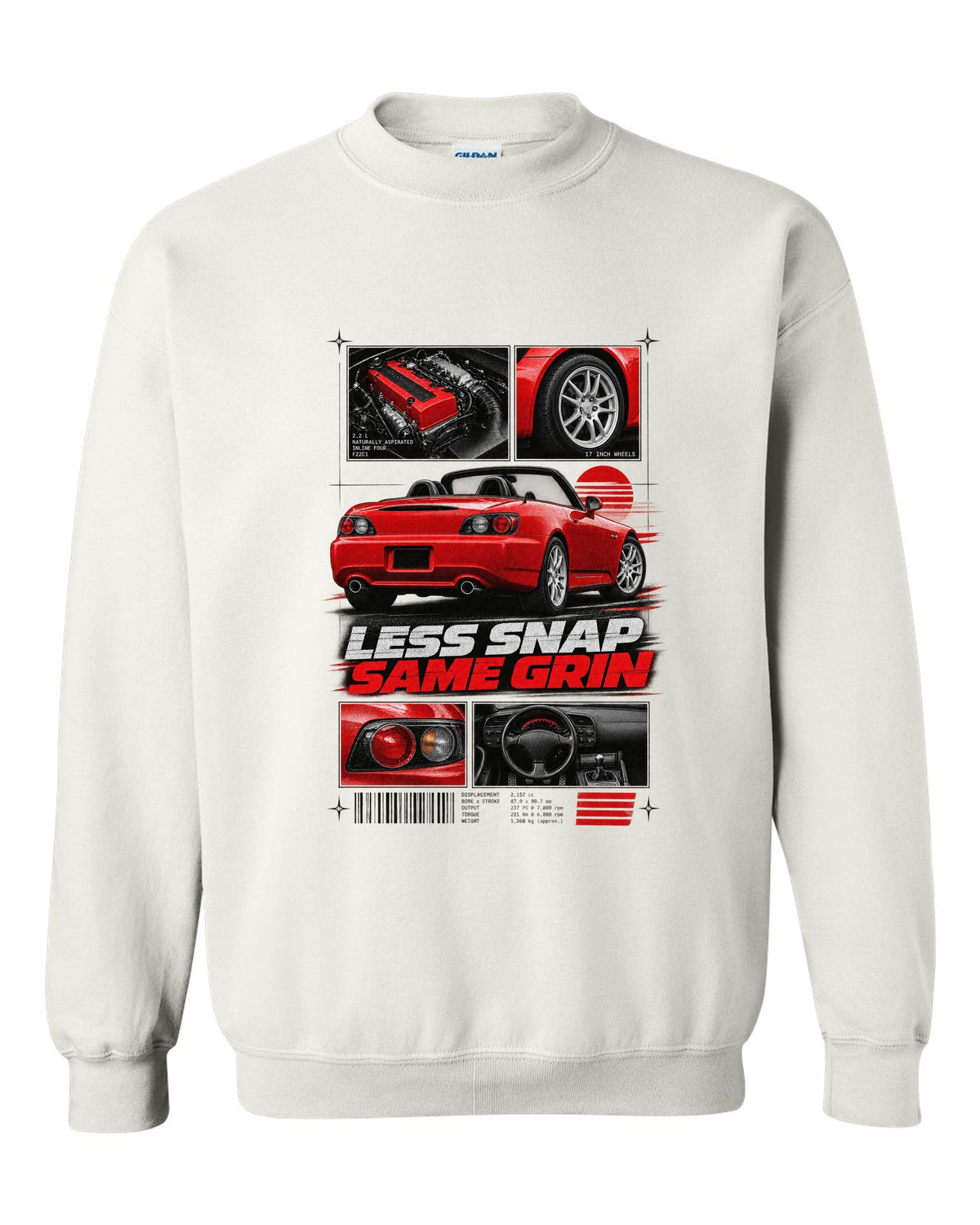 Honda S2000 AP2 roadster dossier panels design with 17 inch wheels less snap same grin text white crewneck front view with the design