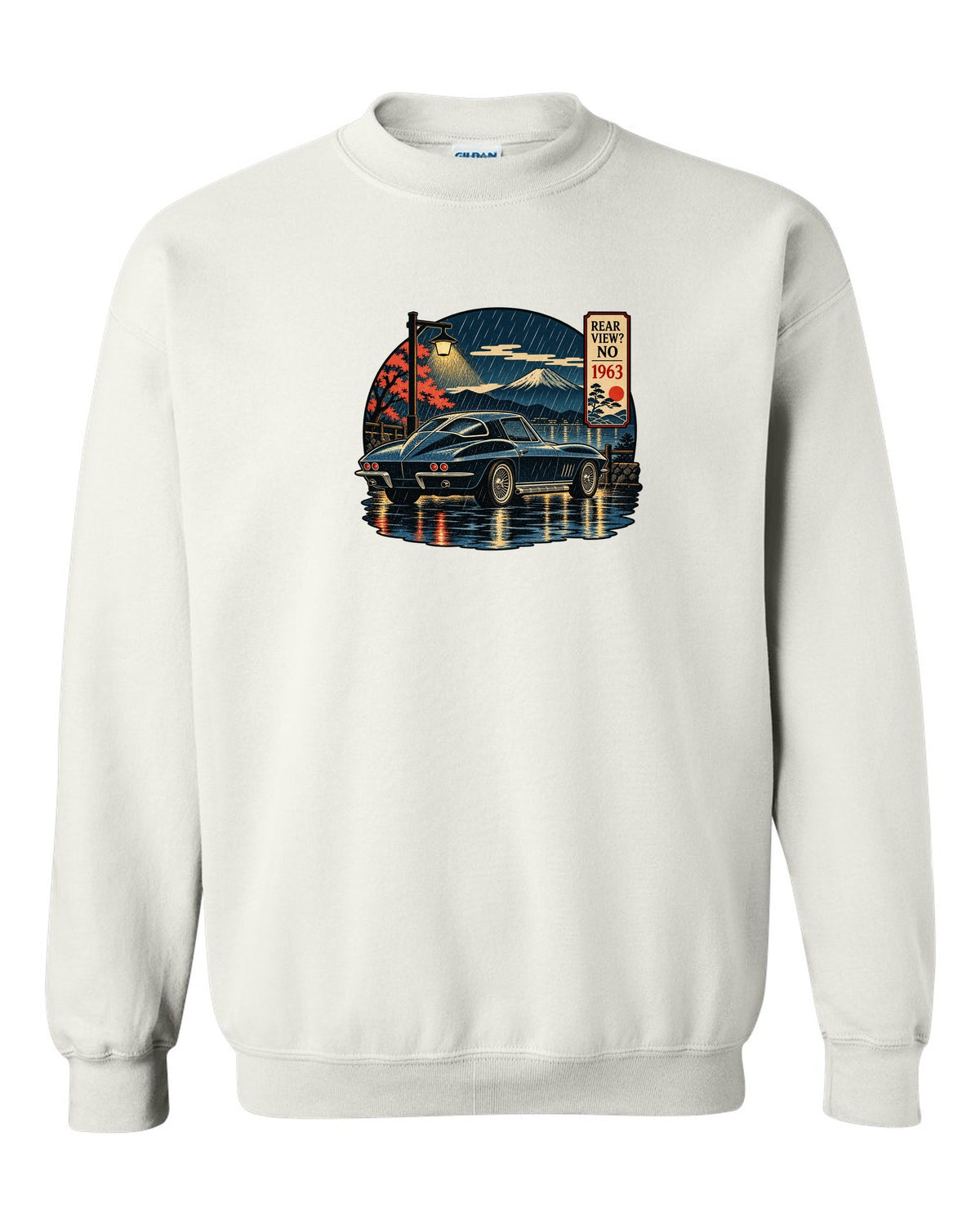 Ukiyo-e woodblock style print of a 1963 Chevrolet Corvette C2 Sting Ray coupe on a rainy night white crewneck front view with the design