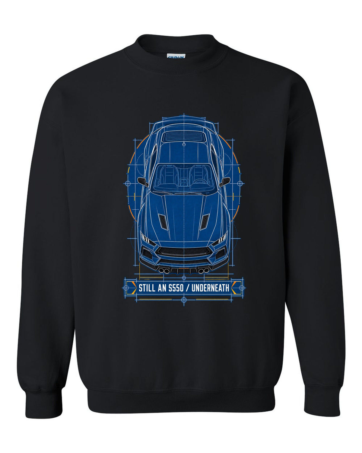 Cyanotype negative blueprint top view print of a 2024 S650 Mustang with Still An S550 Underneath black crewneck front view with the design
