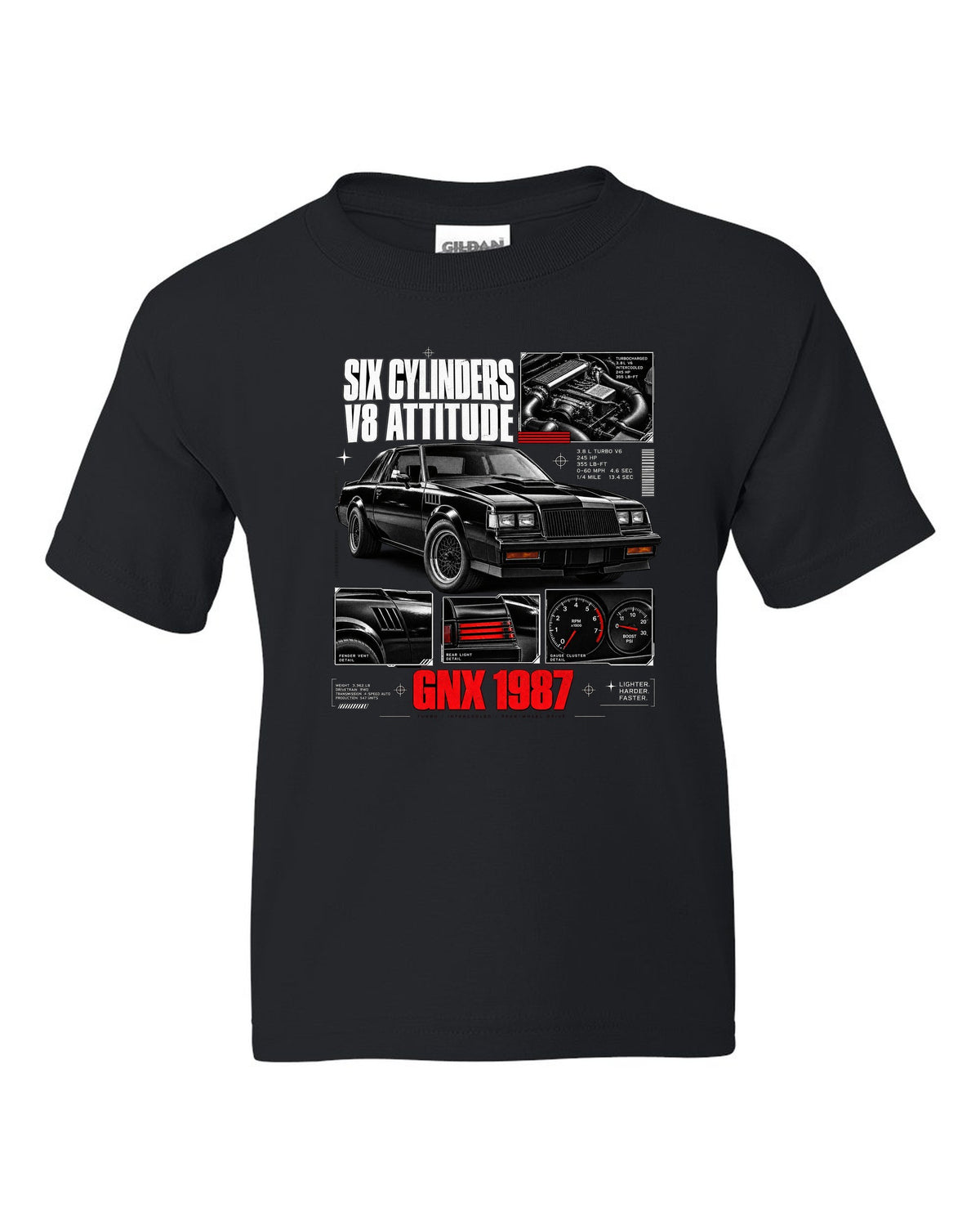 print dossier panels of a 1987 Buick GNX with six cylinders V8 attitude lettering black kids tee front view with the design