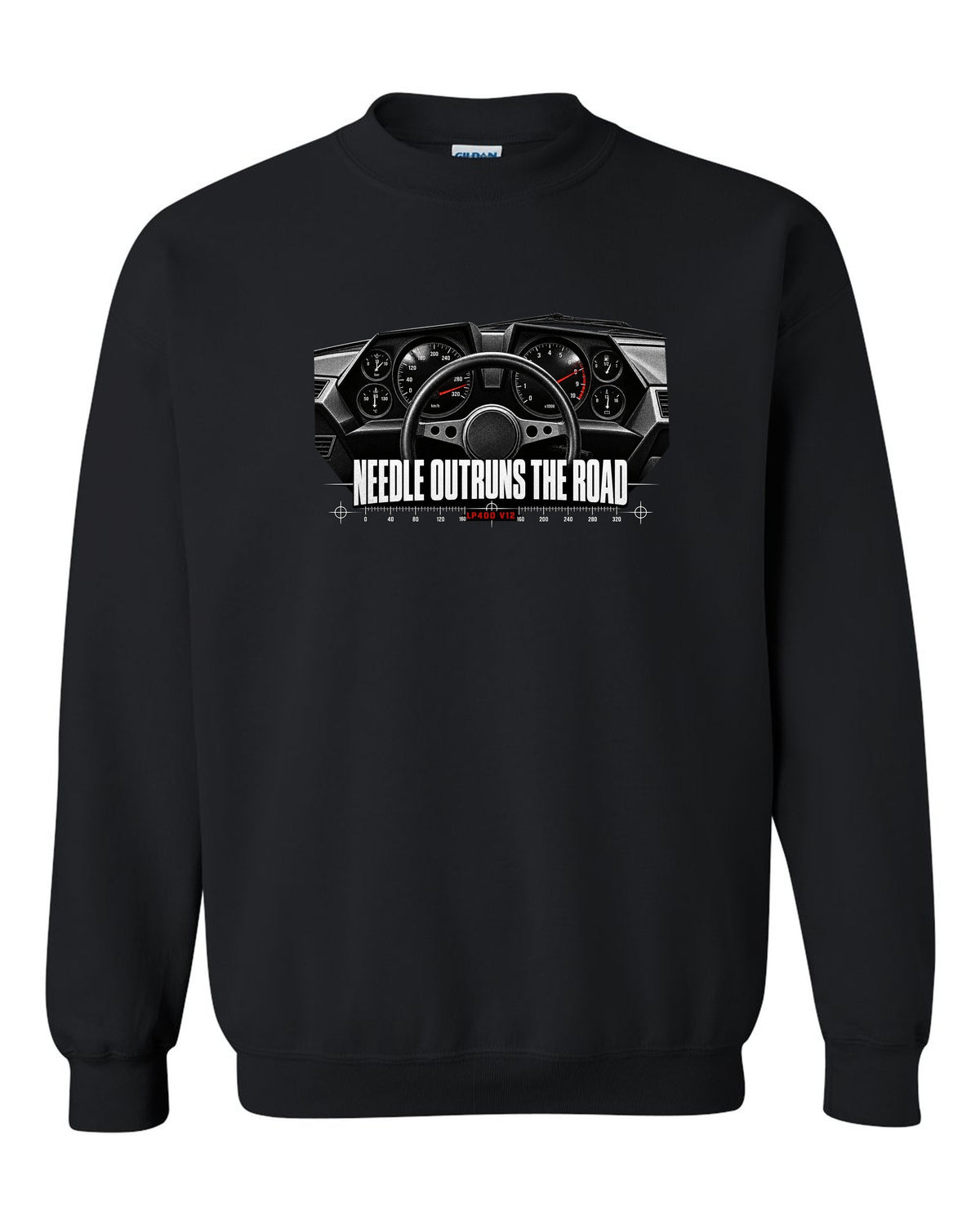 Cockpit gauge print of a Lamborghini Countach LP400 interior with needle outruns the road text black crewneck front view with the design