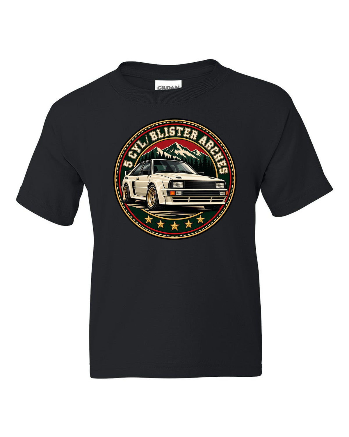 Varsity crest print of an Audi Ur-Quattro with blister arches text black kids tee front view with the design