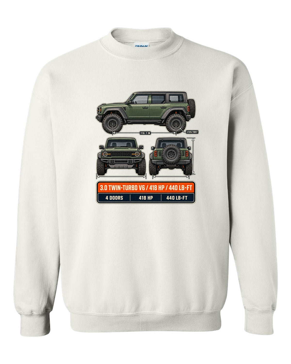 Ford Bronco Raptor three-view drawing with spec table print white crewneck front view with the design