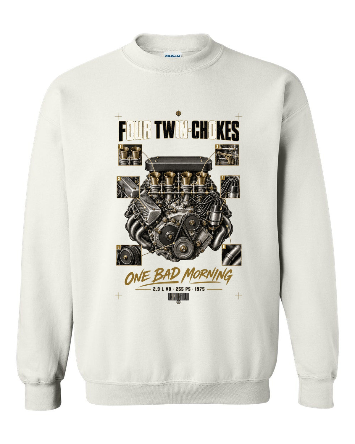 Ferrari 308 GTB 1975 engine print, four twin-choke carbs, 2.9 L V8, 255 PS white crewneck front view with the design