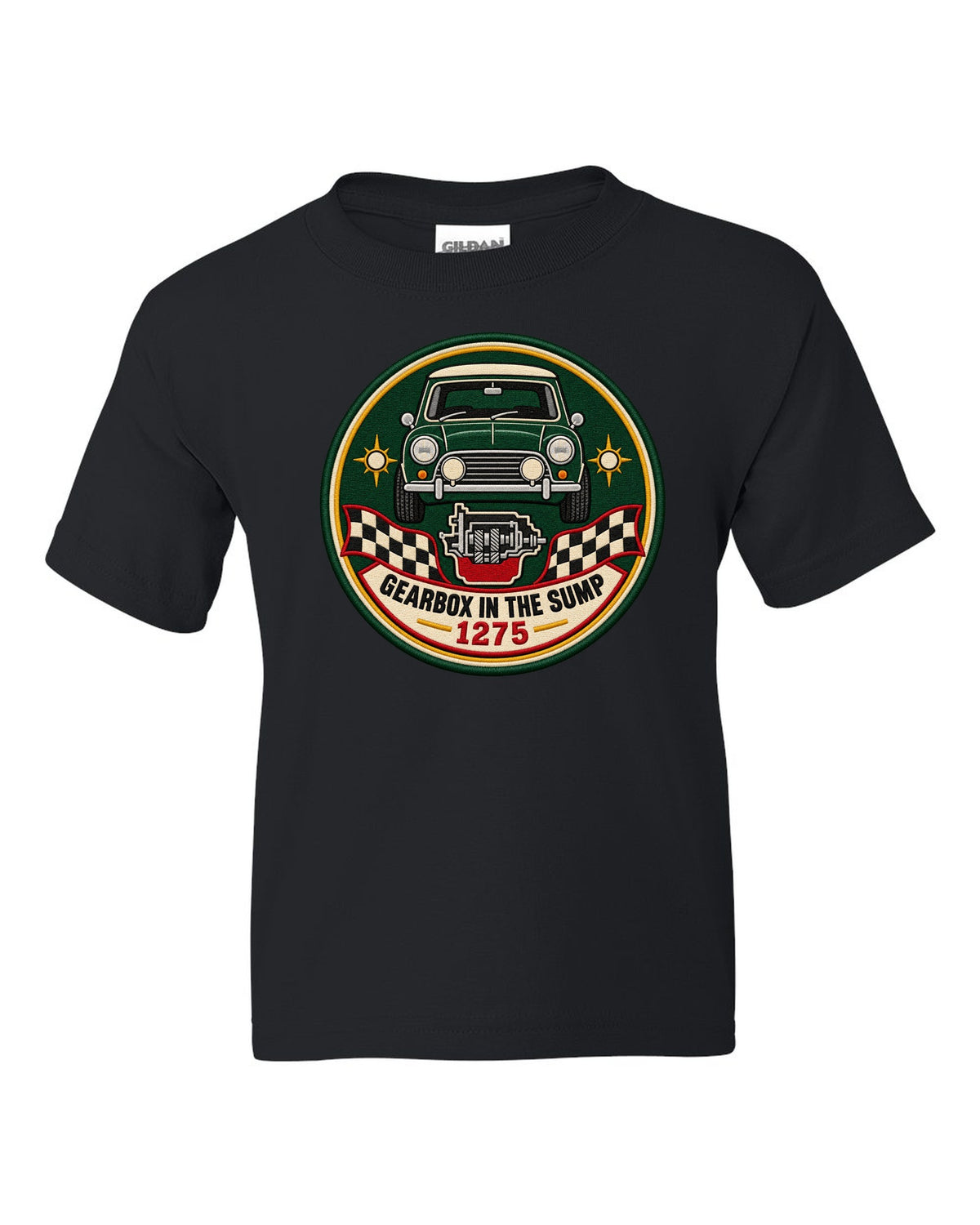 Round crest for the classic Mini Cooper S ADO15 with gearbox in the sump lettering black kids tee front view with the design