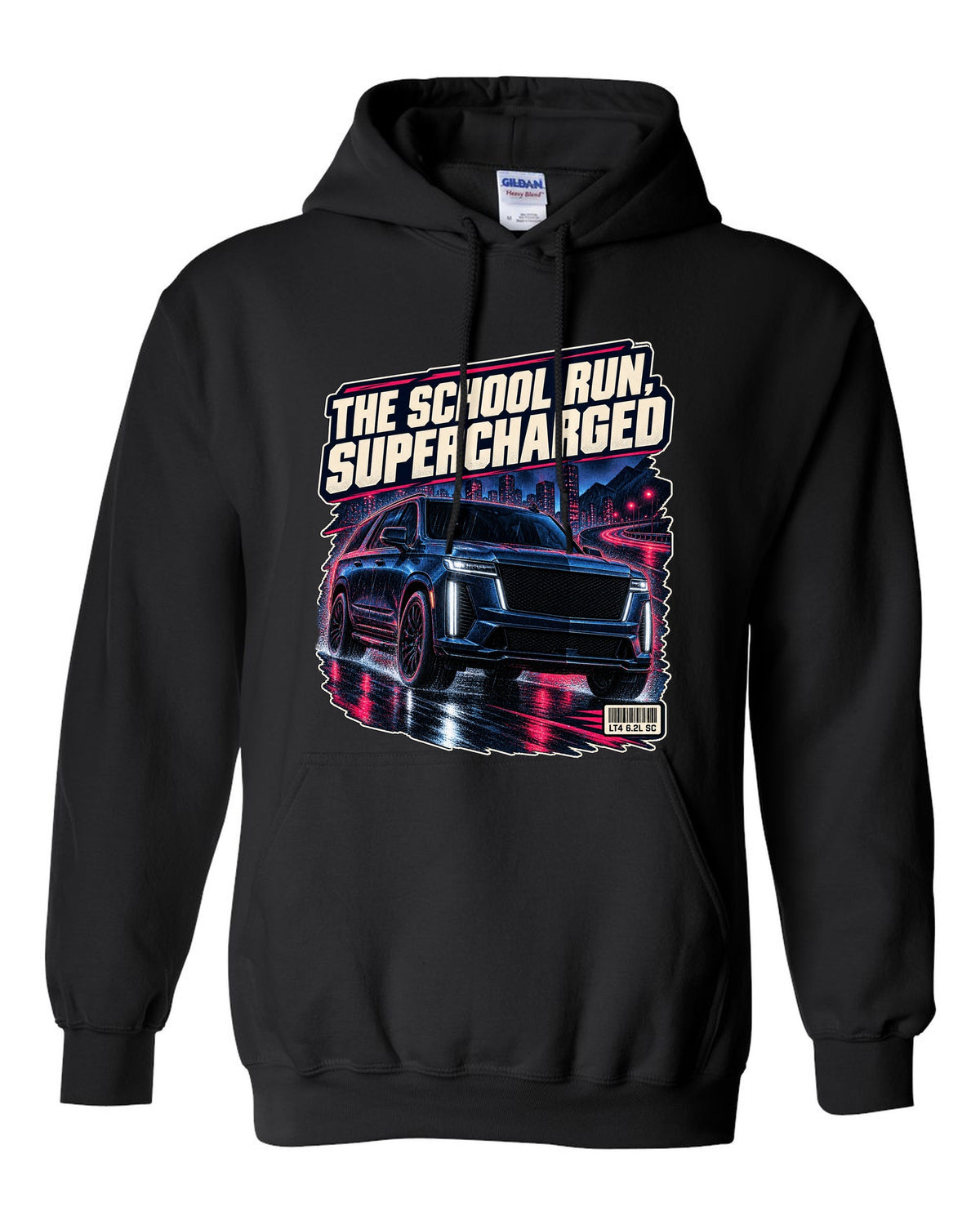 Night street print of a 2023-25 Cadillac Escalade-V black pull over hoodie front view with the design