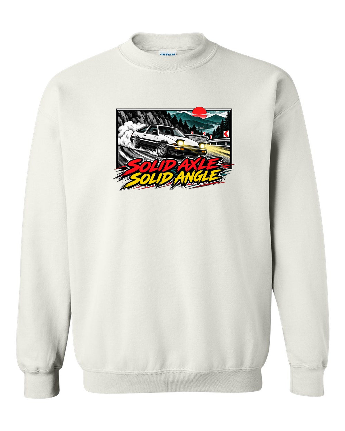 Retro manga halftone panel of a Toyota AE86 Sprinter Trueno drifting downhill white crewneck front view with the design