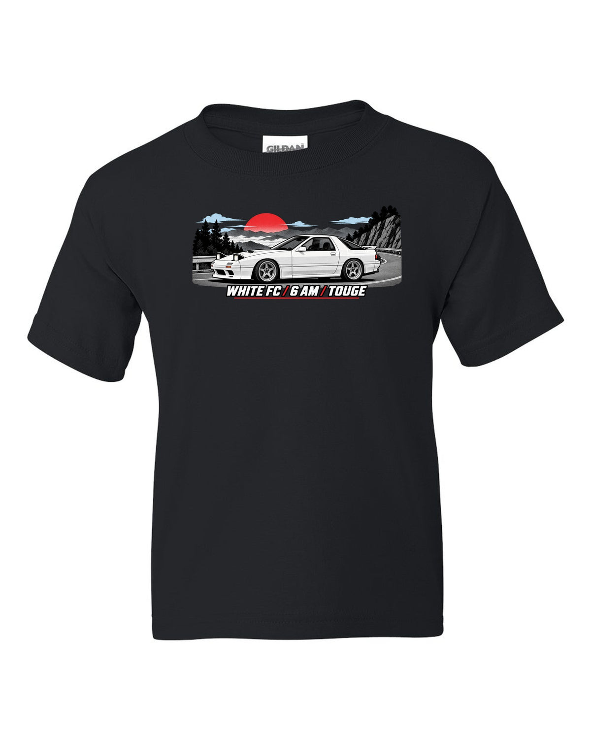 Pixel art print of a Mazda RX-7 SA22C with the text Compression, W's T black kids tee front view with the design