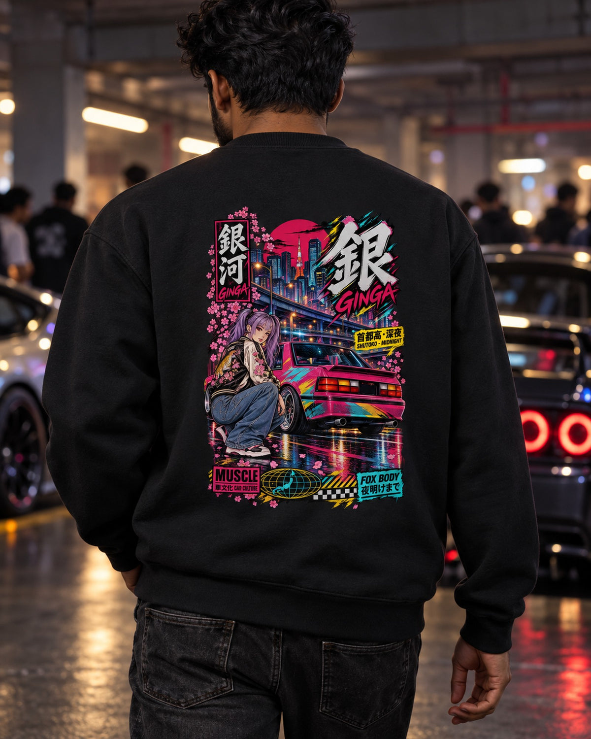 GINGA FOX BODY Anime Girl Full-Back Graphic Tee Crewneck Black worn hero