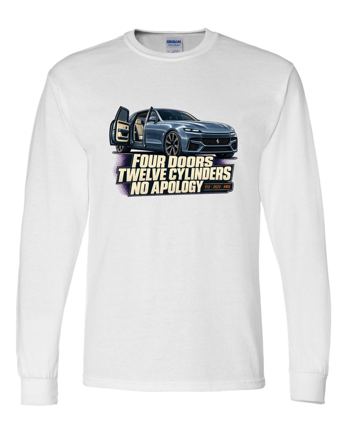 Editorial headline print of the Ferrari Purosangue on a tee white long sleeve front view with the design