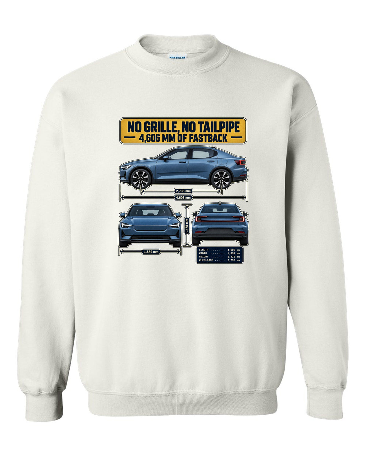 Three-view spec table print of a Polestar 2 fastback 2020-2023 white crewneck front view with the design