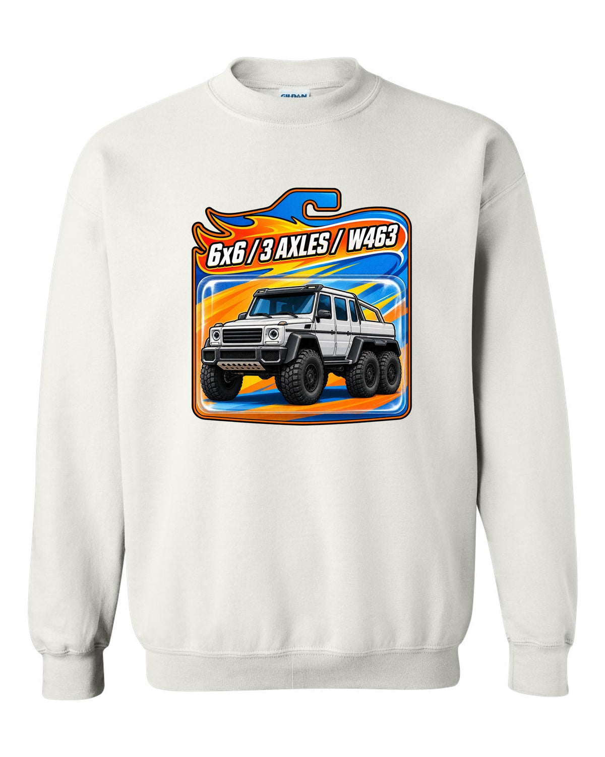 Toy blister card graphic of a Mercedes G63 6x6 W463 with three axles, print white crewneck front view with the design