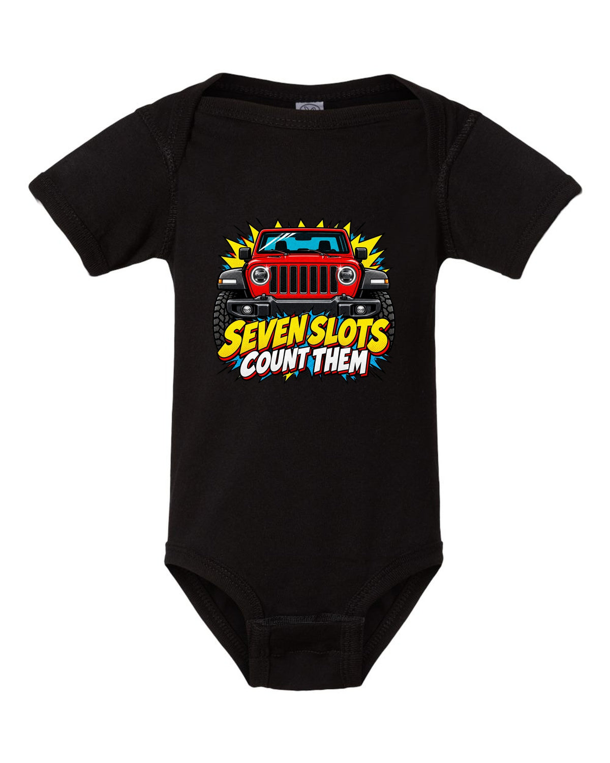 Comic halftone pop-art print of a Jeep Wrangler JL with seven slots text black baby onesie front view with the design