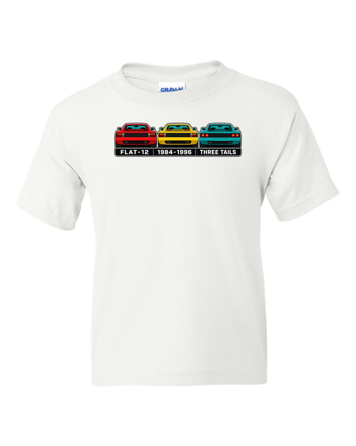 Flat colour infographic of Ferrari Testarossa, 512 TR and F512 M tail ends white kids tee front view with the design