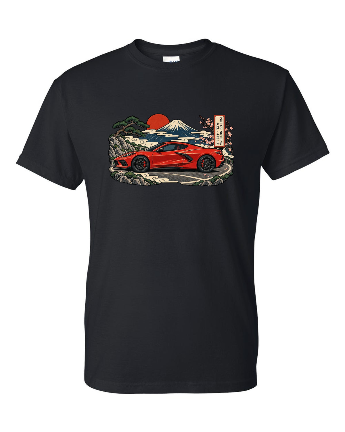 Synthwave sunset grid design with a 2020 C8 Corvette Stingray seen from the rear three-quarter black t-shirt front view with the design