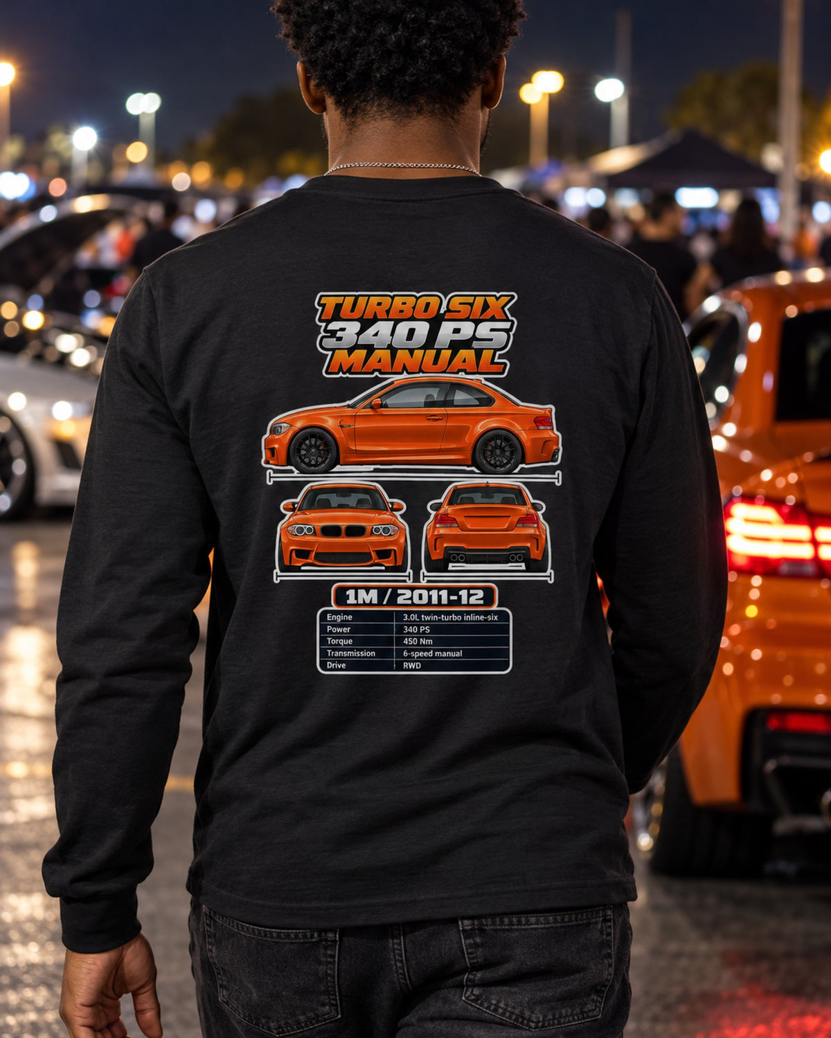 BMW 1 Series M Coupe Spec Sheet Full-Back Graphic Tee Long Sleeve Black worn hero
