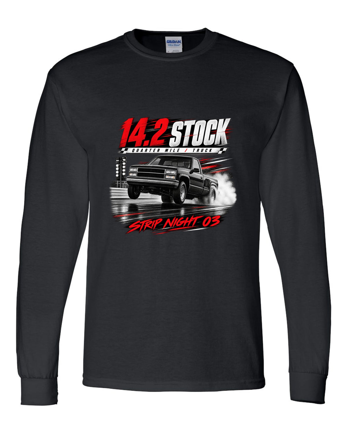 Race poster print of a 1993-95 Ford F-150 SVT Lightning with 14.2 quarter mile text black long sleeve front view with the design