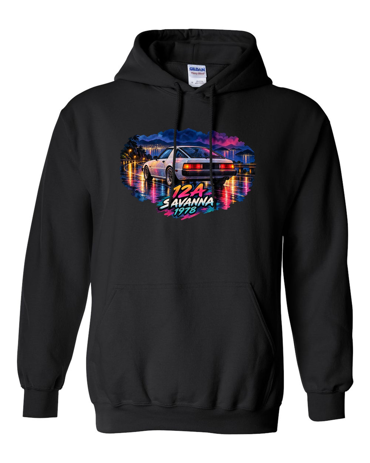 Watercolour wet road night print of a Mazda Savanna RX-7 SA22C with text 12A, Savanna, 1978 black pull over hoodie front view with the design