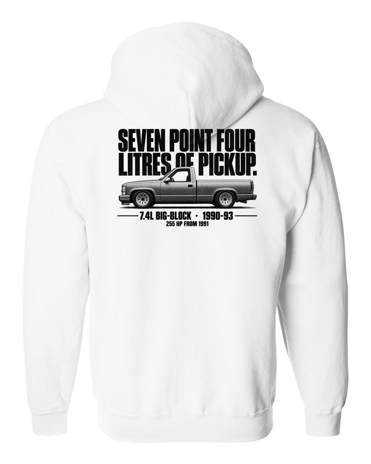 Chevy 454 SS Pickup Halftone Profile white zip hoodie back view with the design