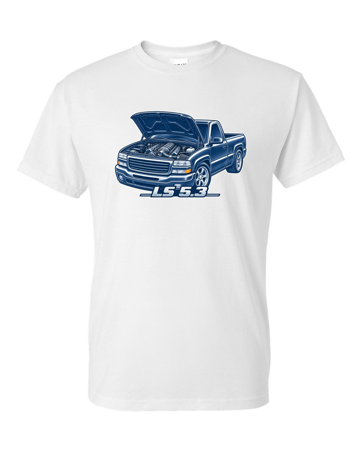 Cyanotype negative blueprint print of a 1999-2006 Chevrolet GMT800 NBS Silverado with LS 5.3 text white t-shirt front view with the design