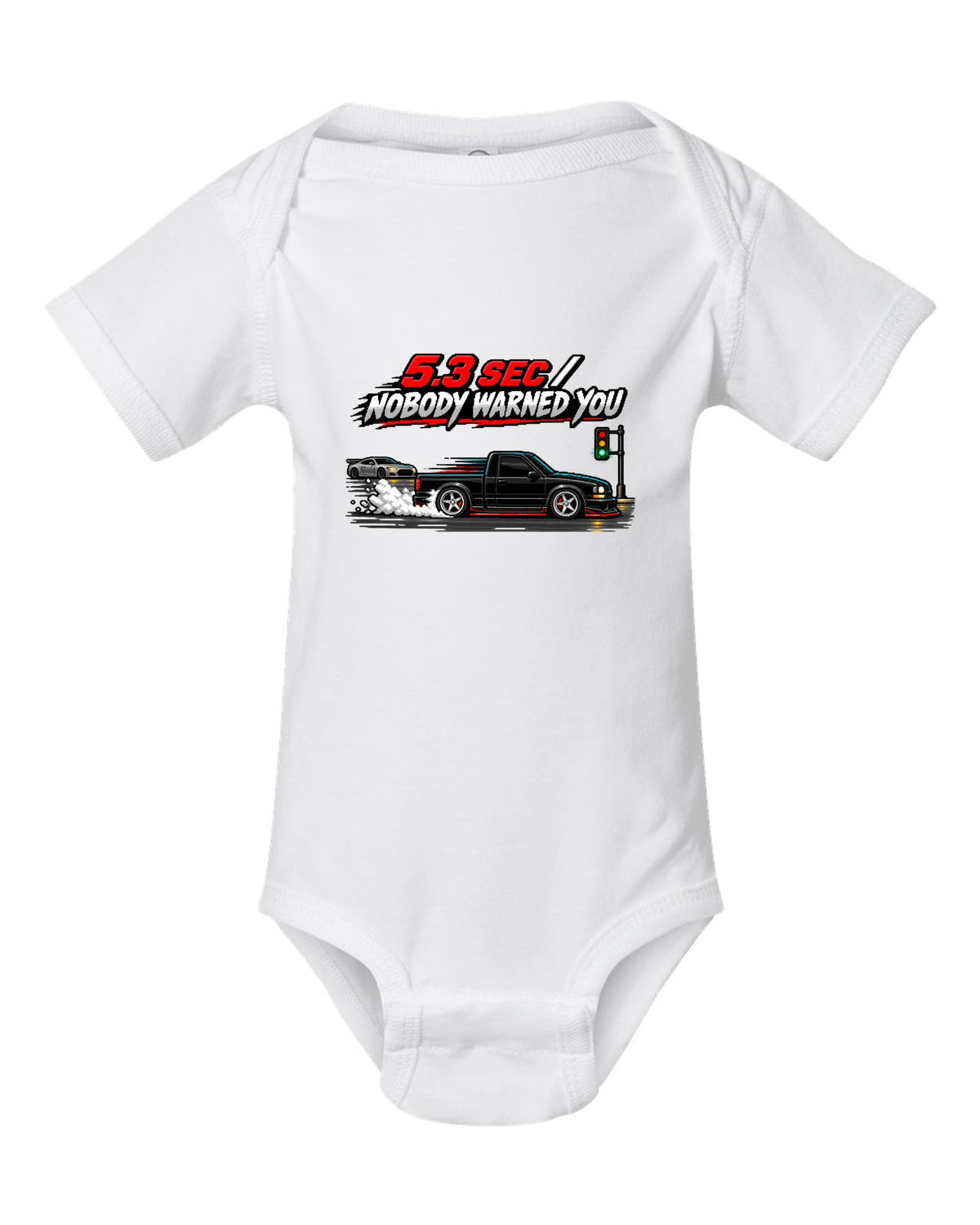 16-bit pixel art of a 1991 GMC Syclone launching with 5.3 SEC / NOBODY WARNED YOU text white baby onesie front view with the design