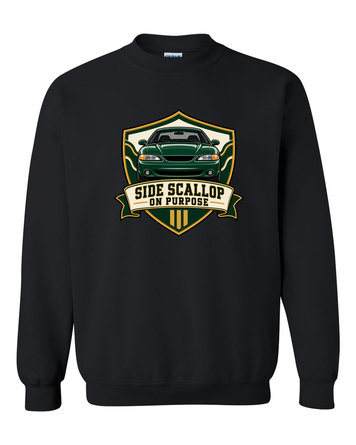 SN95 Mustang 1994-98 Varsity Crest black crewneck front view with the design
