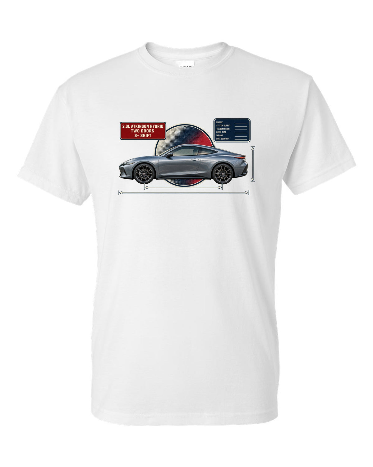 Honda Prelude 2026 sixth-gen dimension blueprint print white t-shirt front view with the design
