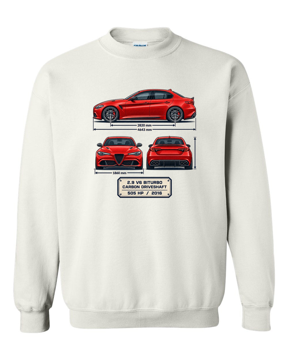 Alfa Romeo Giulia Quadrifoglio three-view spec print white crewneck front view with the design