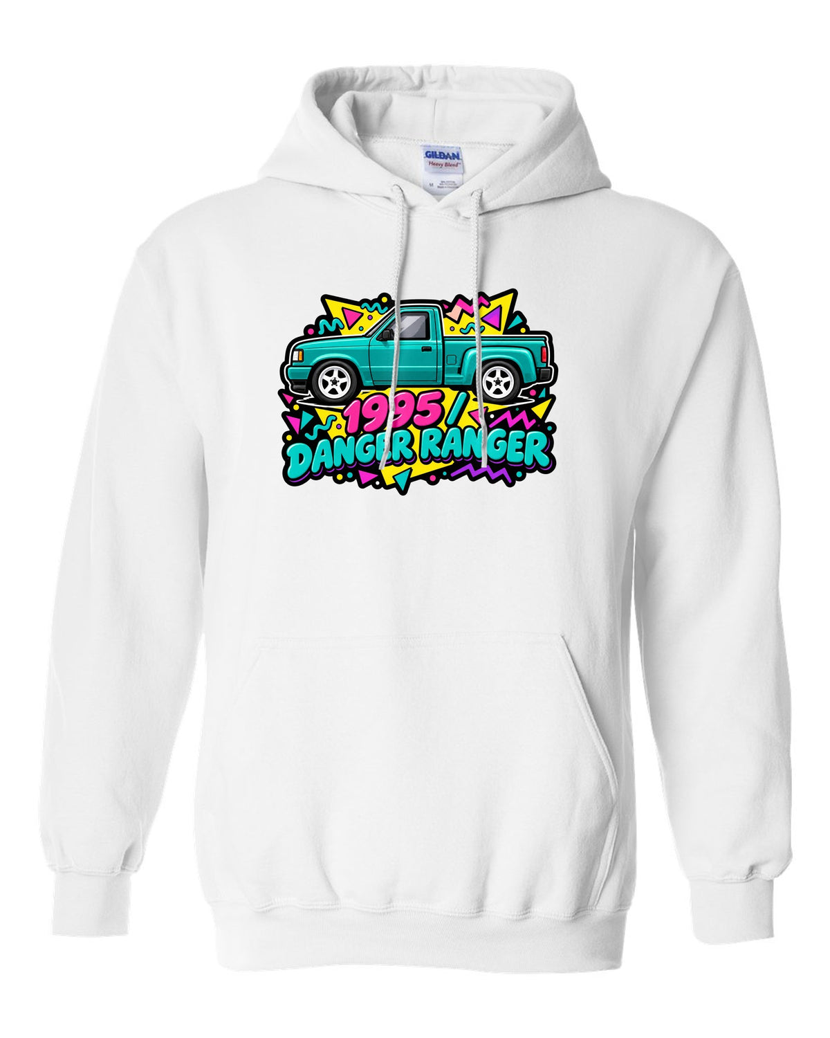 Ford Ranger 1995 stepside in a 90s Memphis sticker pack print white pull over hoodie front view with the design