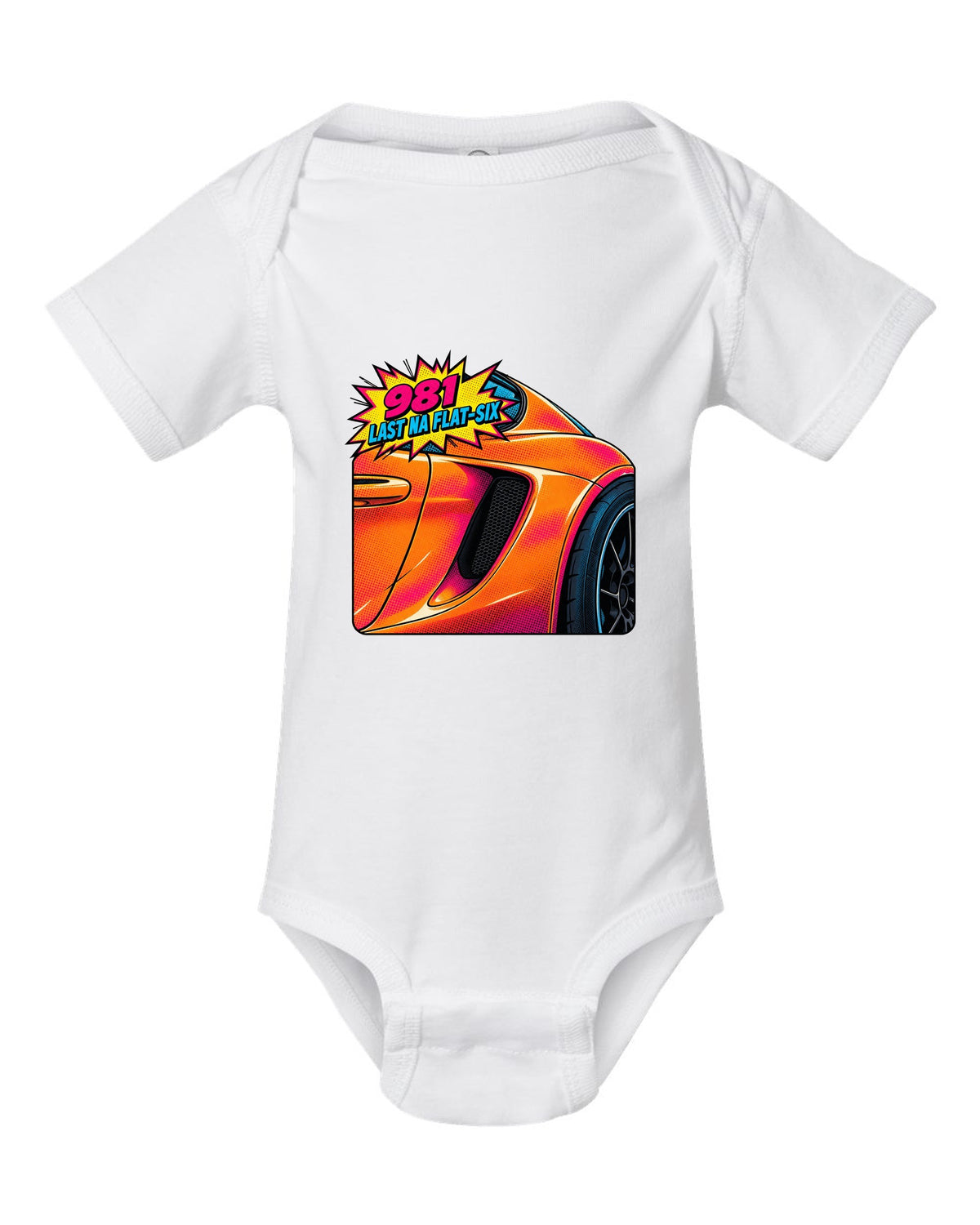 Pop-art halftone print of a Porsche 981 Cayman GTS intake with the text 981, last NA flat-six white baby onesie front view with the design