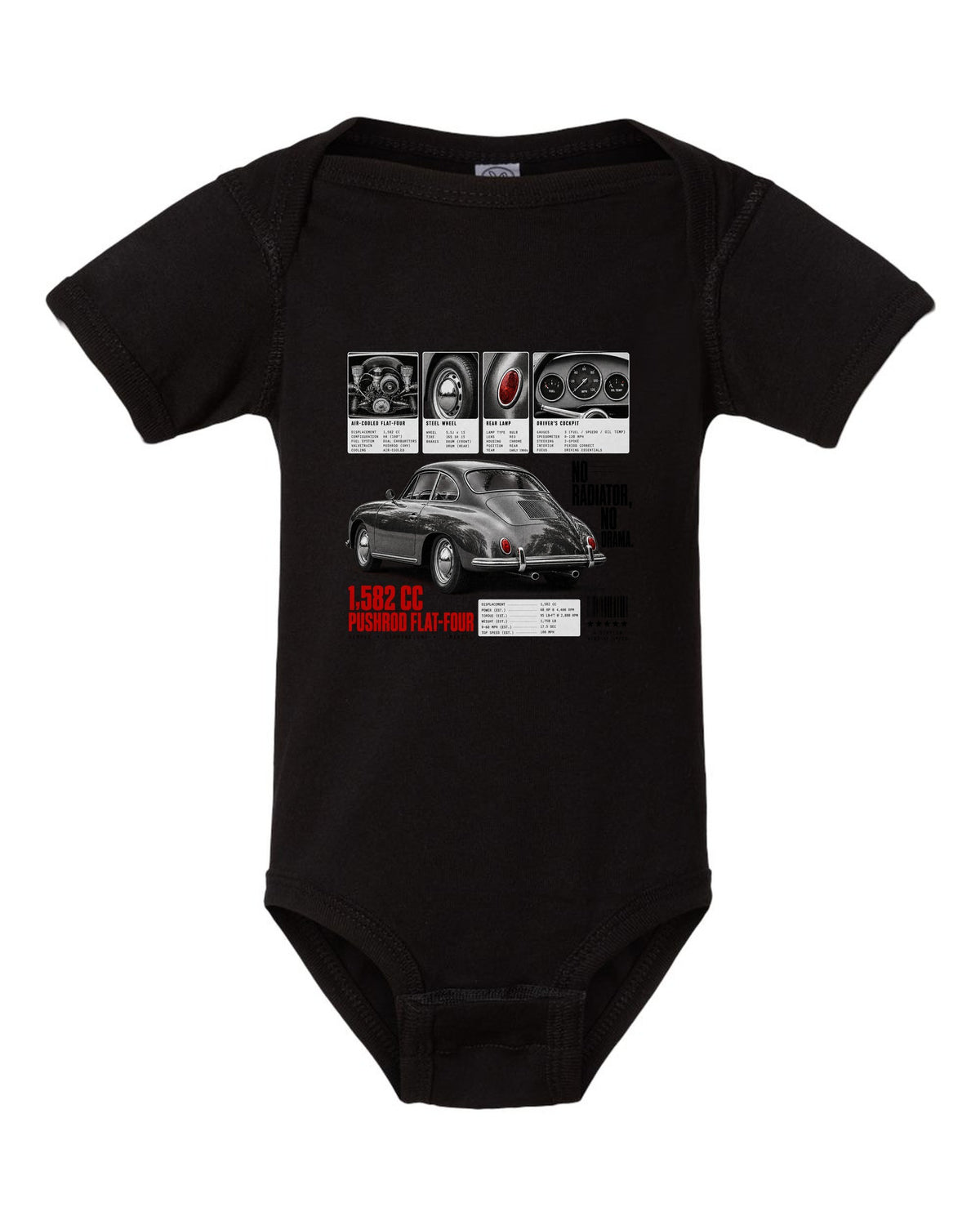 Dossier panel print of a Porsche 356 B coupe with 1,582 cc flat-four and no radiator text black baby onesie front view with the design