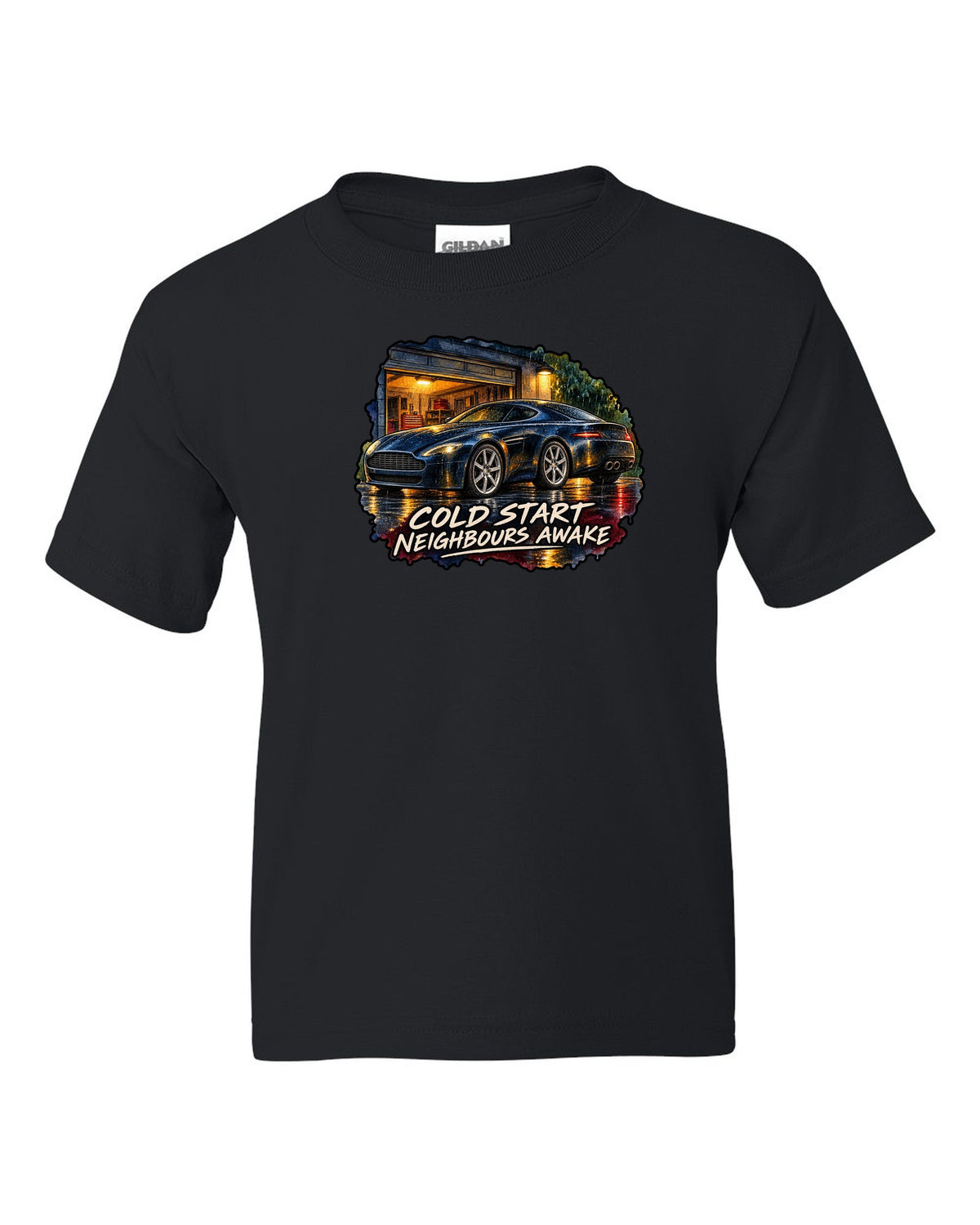 Aston Martin V8 Vantage watercolour wet-road night with COLD START NEIGHBOURS AWAKE black kids tee front view with the design
