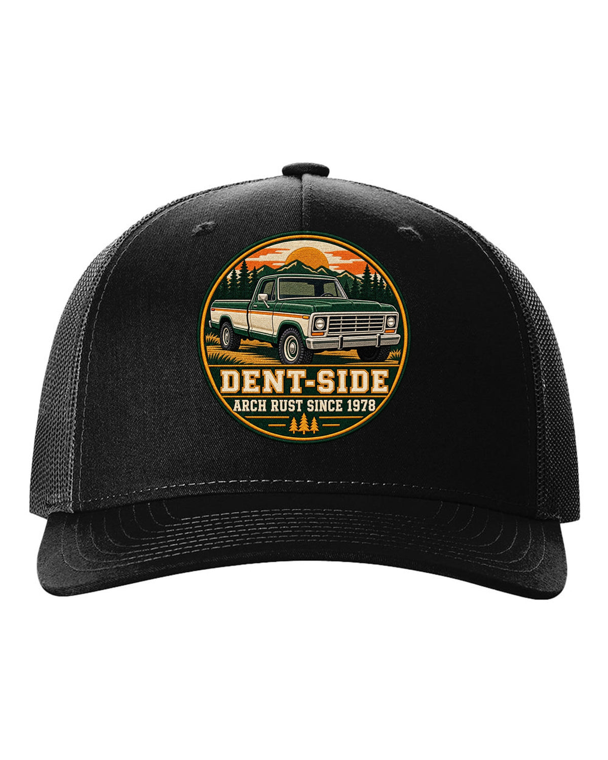 Dent-Side Ford F-150 1973-79 Varsity Crest Graphic Tee black hat front view with the design